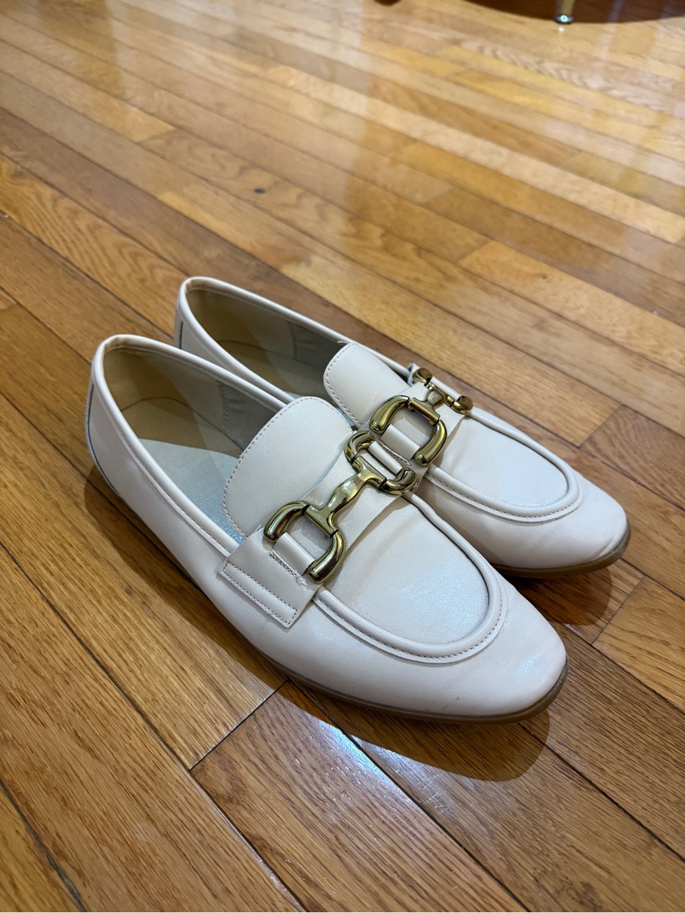 Cream Leather Loafers with Gold Horsebit Hardware